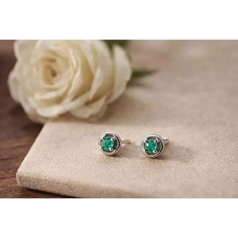 Emerald Green Stud Earrings in Silver Bezel Setting – Elegant Minimalist Jewelry